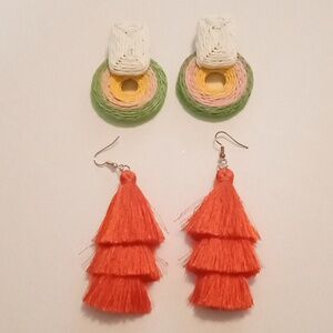 #989.  2 Piece Raffia Multi Colored Earrings & Orange Tassel Earring Bundle.